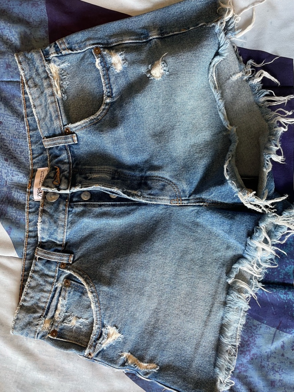 Zara Light Blue Distressed Frayed Denim Shorts